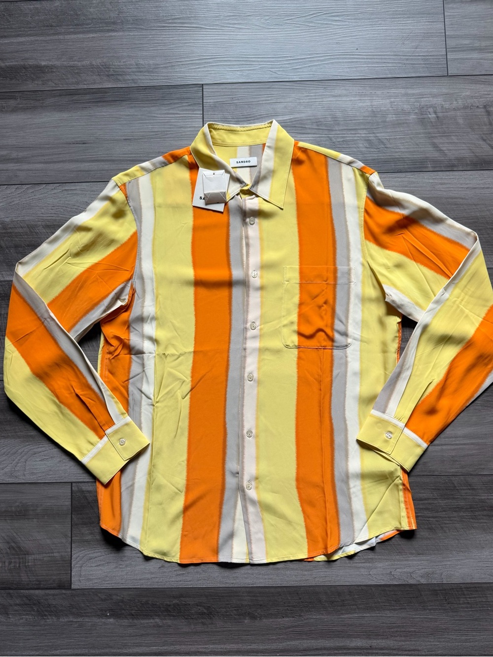 Sandro Paris Yellow, Orange and Cream Vertical Stripe Button-Down Shirt L